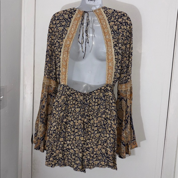 Free People Navy and Mustard Floral V-Neck Romper - Picture 5 of 5